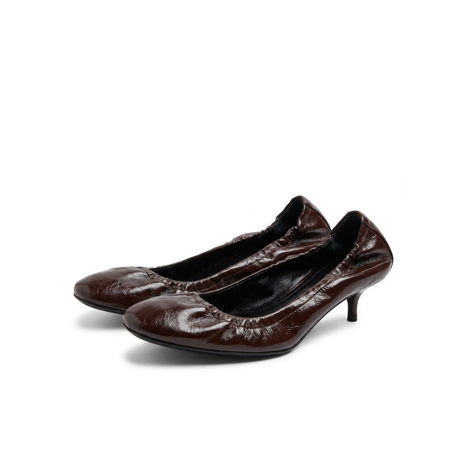 Brown patent kitten heel pumps with elasticated topline