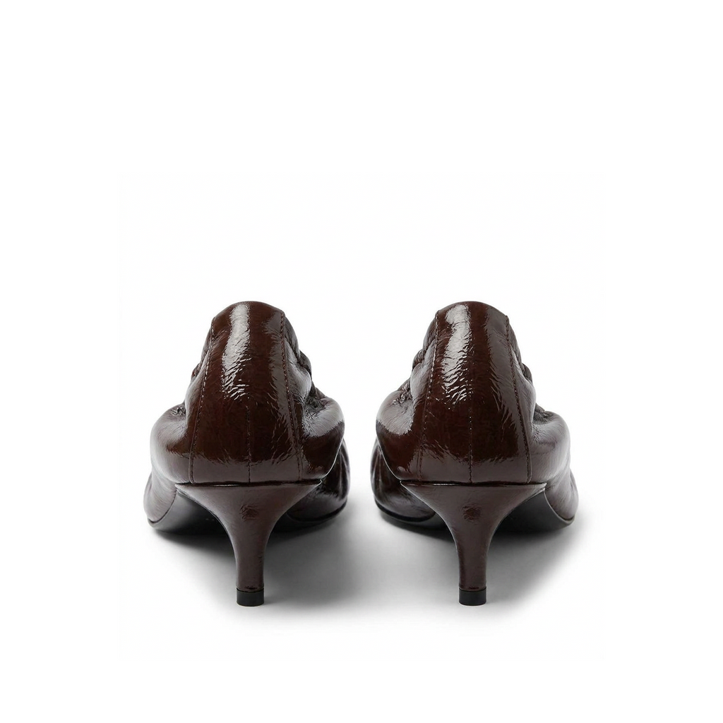 Kitten heel ballerina pumps in brown patent, three-quarter view