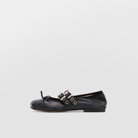 Clara black ballet flat shown alone in profile, double buckle strap with eyelets and a small bow