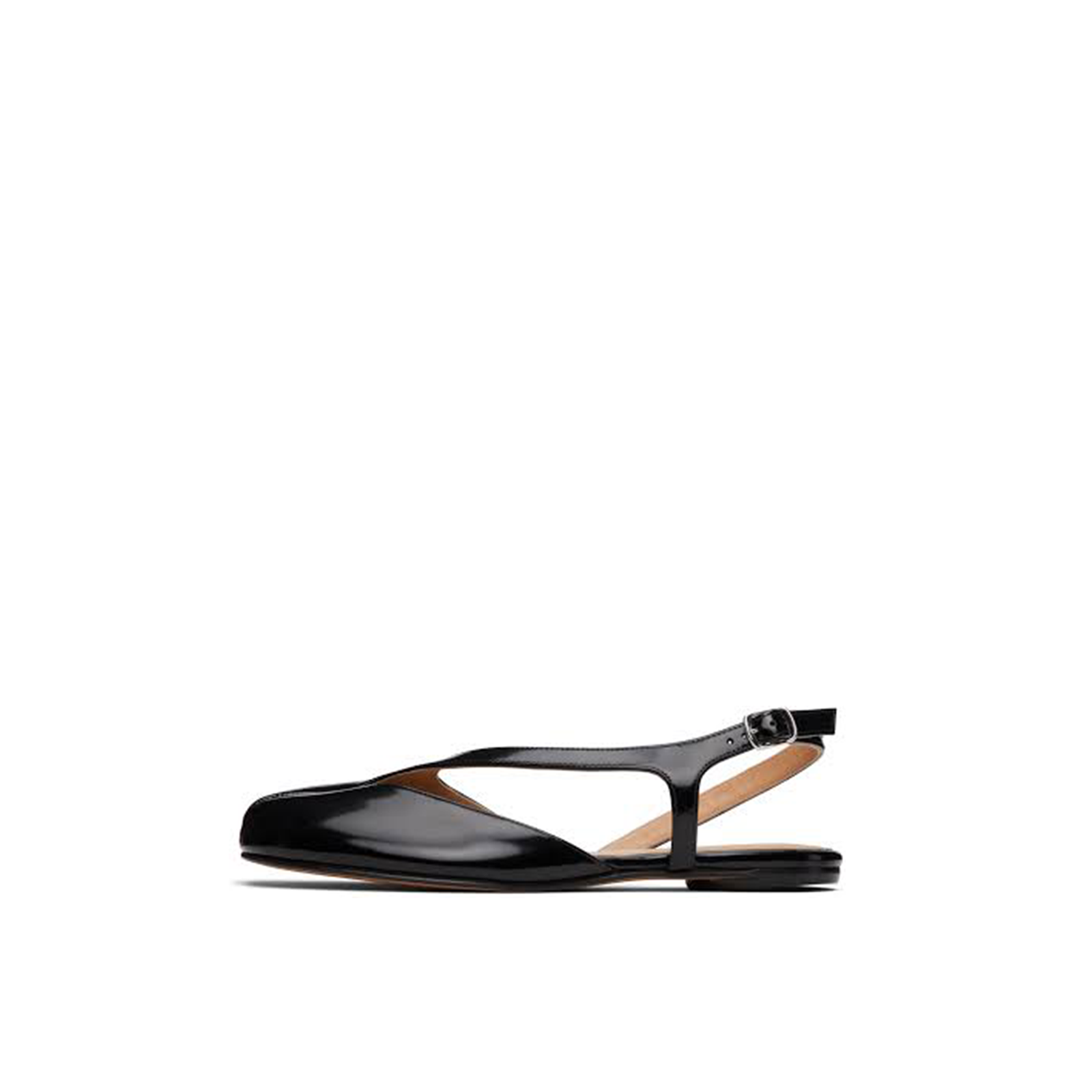 Balletcore black tabi slingback flats with ankle strap, minimalist white background by lil cacti
