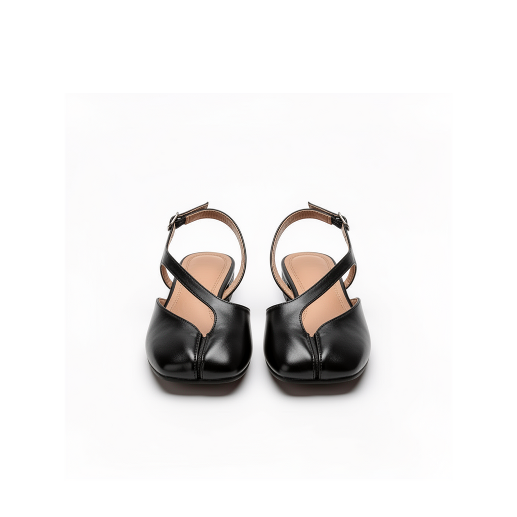 Black patent leather tabi slingback flats with silver buckle ankle strap, top view by lil cacti