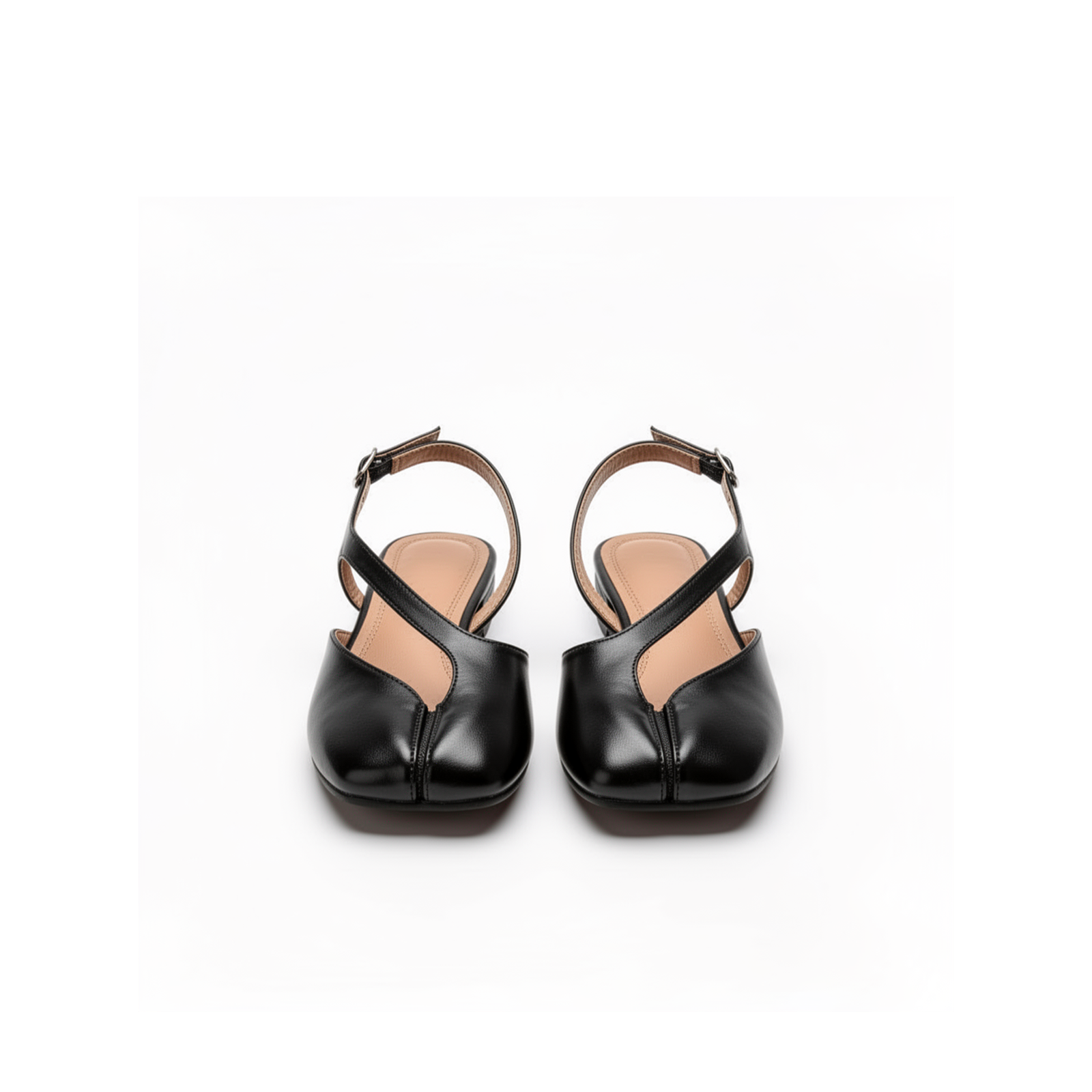 Black patent leather tabi slingback flats with silver buckle ankle strap, top view by lil cacti