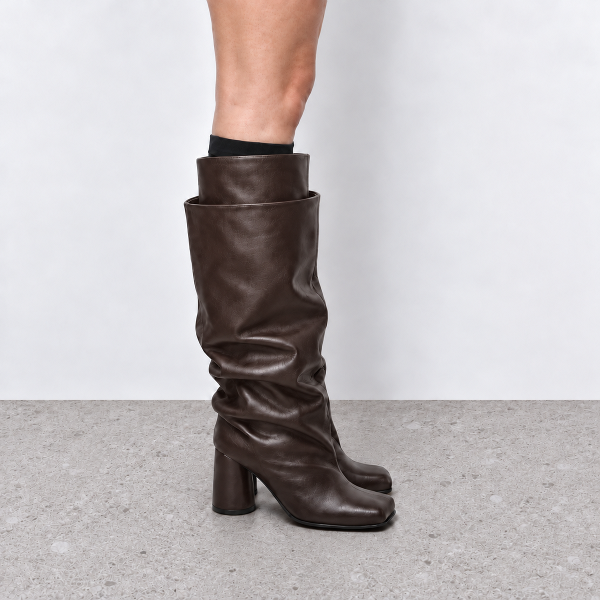 Lil Cacti Daphne brown square-toe tall boots model view one
