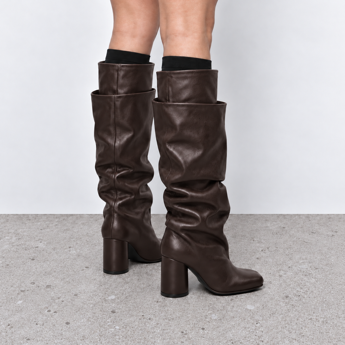 Lil Cacti Daphne brown square-toe tall boots model view four