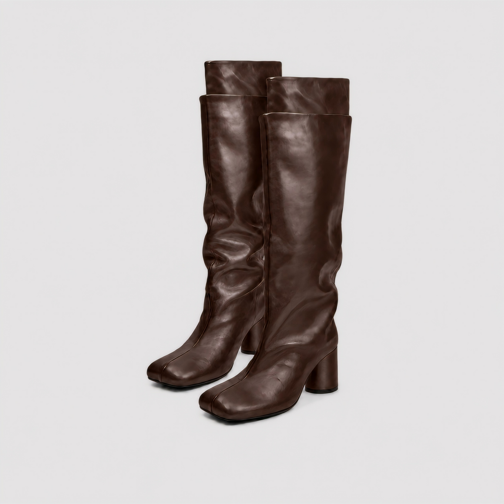 Lil Cacti Daphne brown square-toe tall boots angled pair view