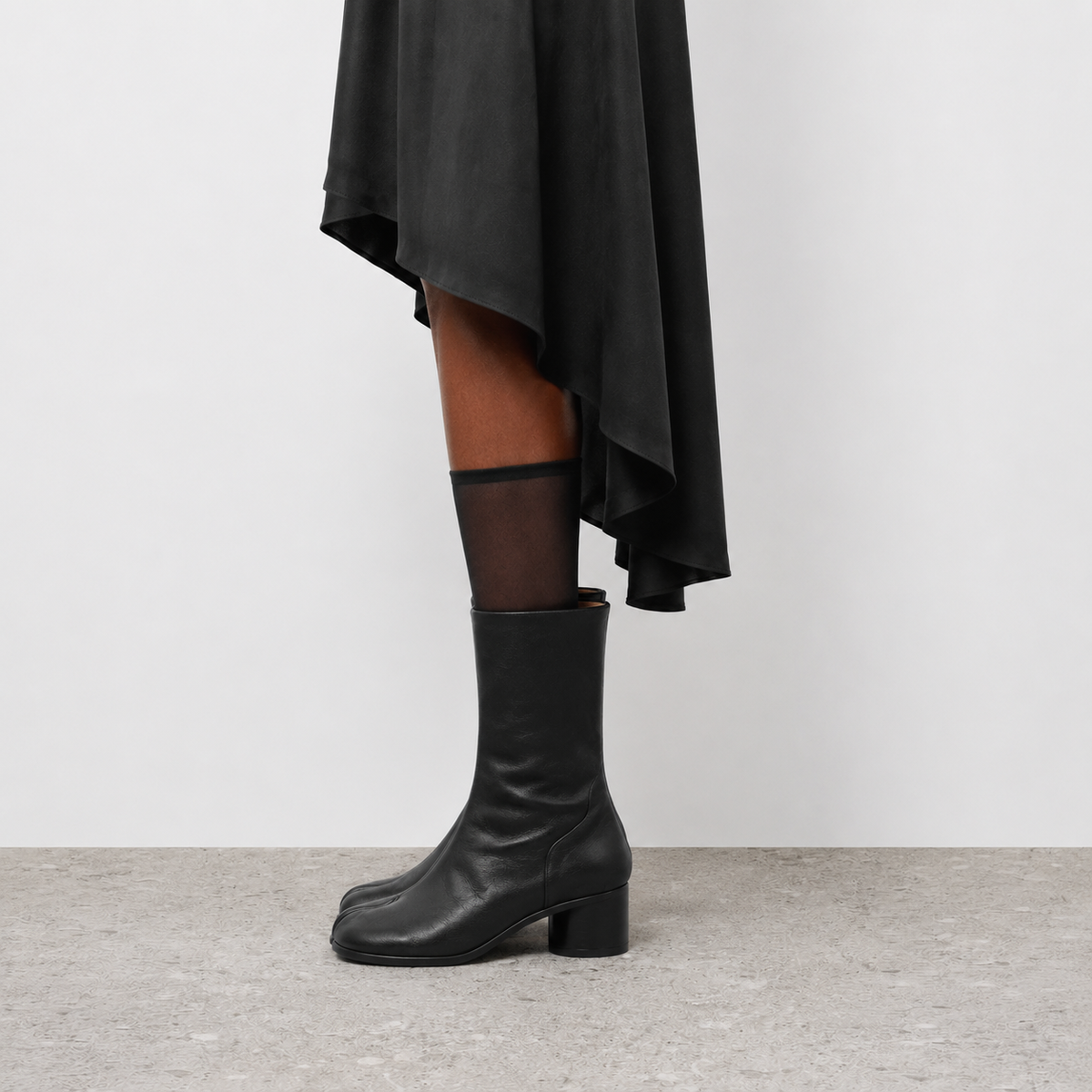 Daria Black Leather Tabi Boots by Lil Cacti — vegan boot, close-up of the toe detail