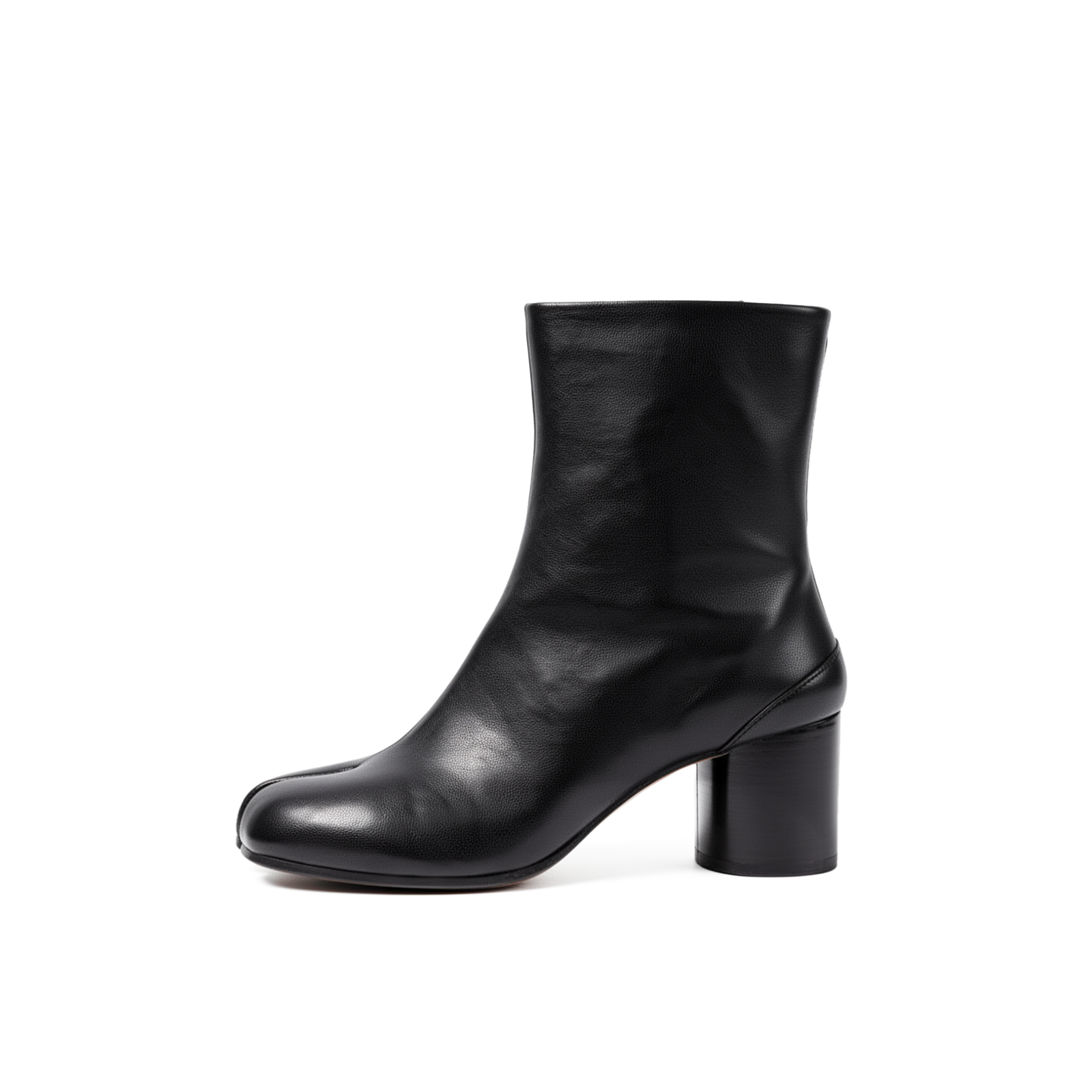 Daria black leather tabi boots front view showing split-toe silhouette — Lil Cacti footwear