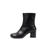 Daria black leather tabi boots front view showing split-toe silhouette — Lil Cacti footwear