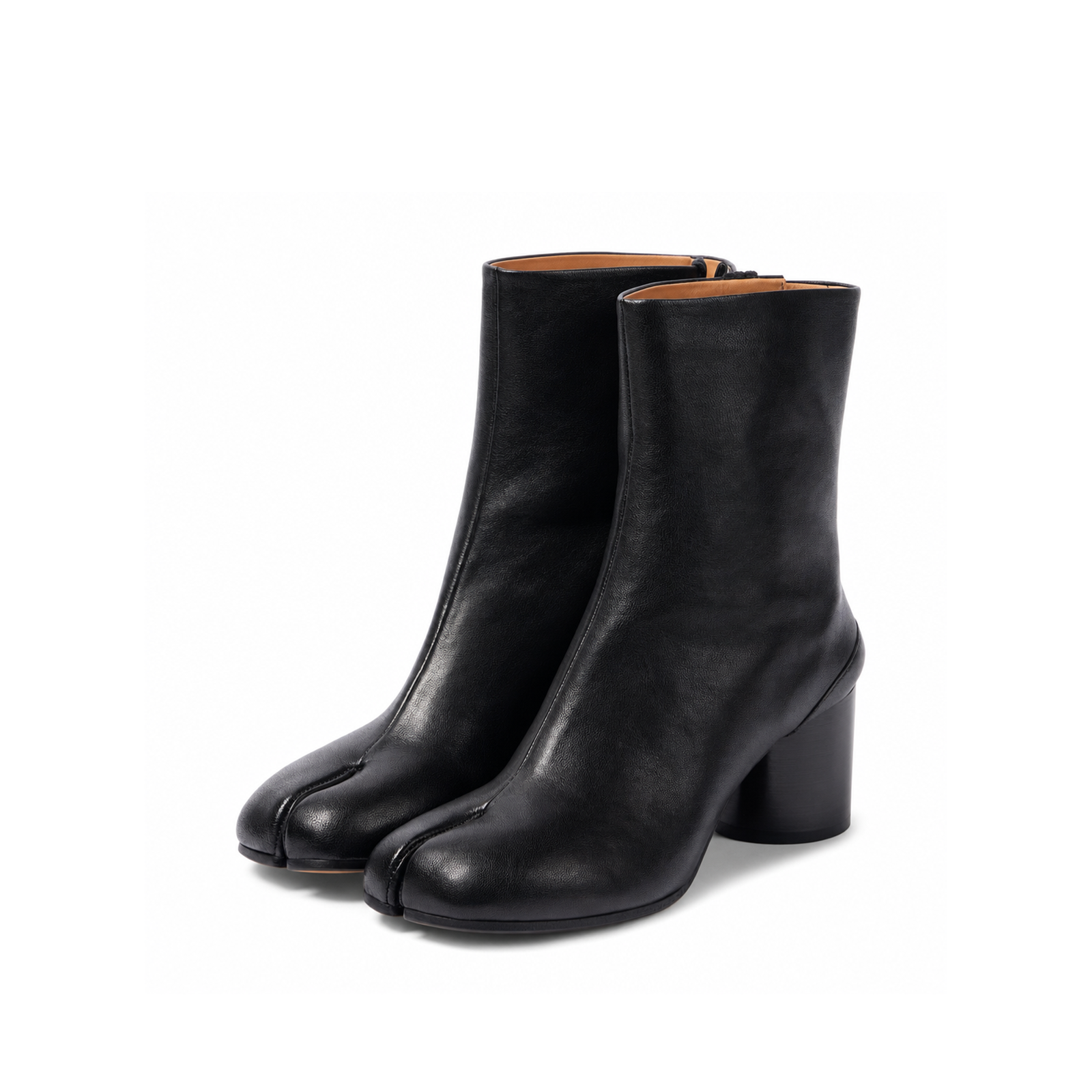 Side profile of Daria black leather tabi boots showing ankle height and structured cut
