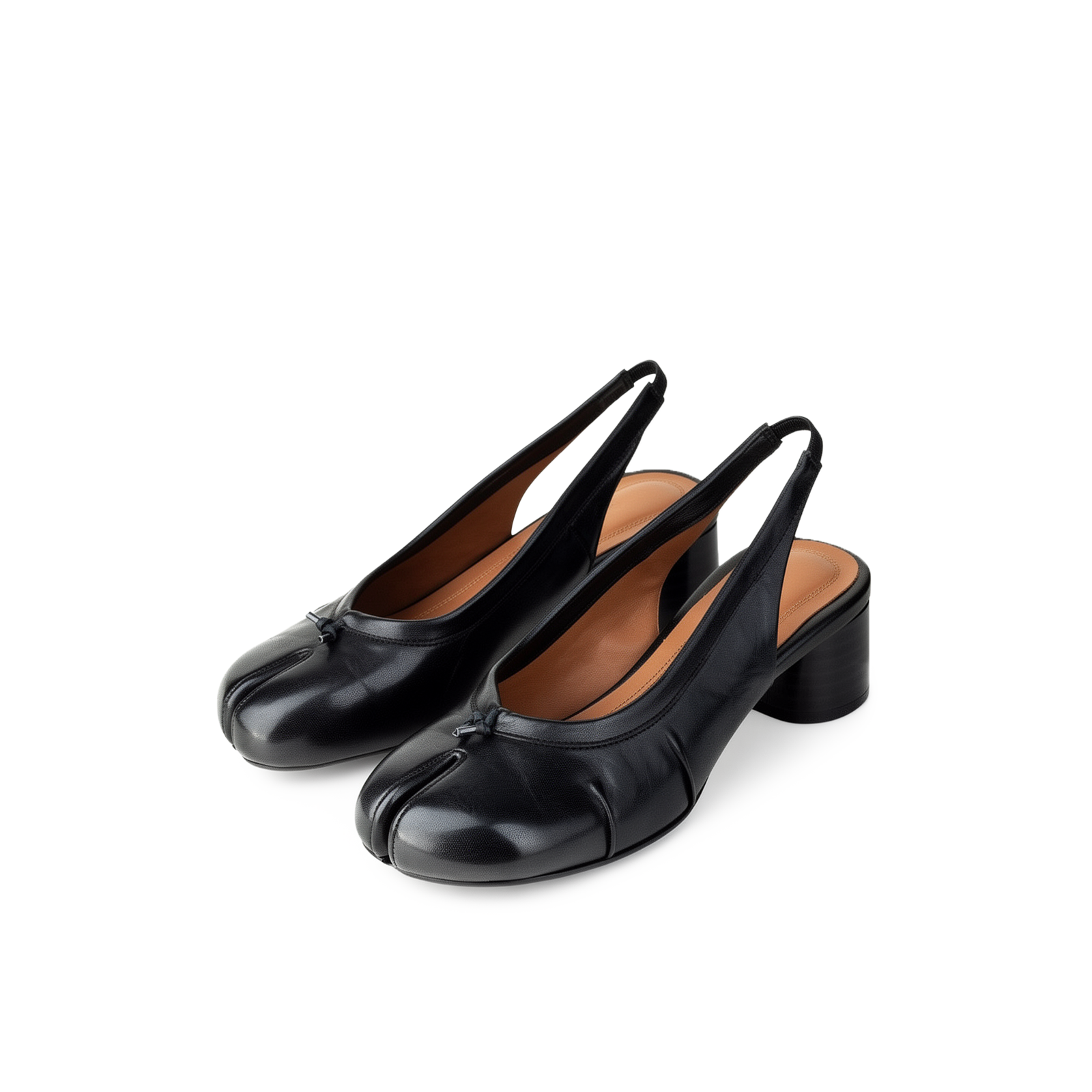 Side profile of Daria black tabi heels showing slingback strap and heel height — Lil Cacti