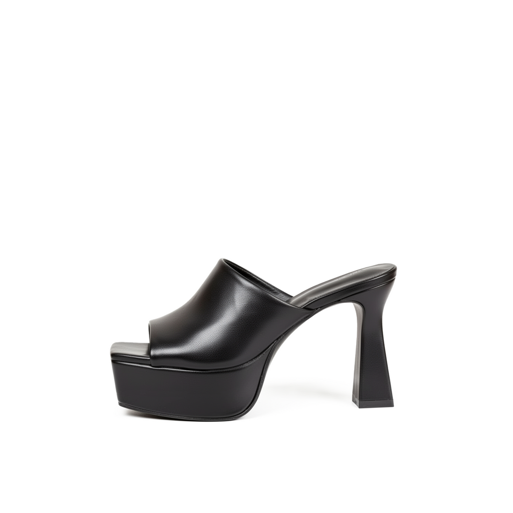 Devora black platform mules pair view on white background — Lil Cacti footwear