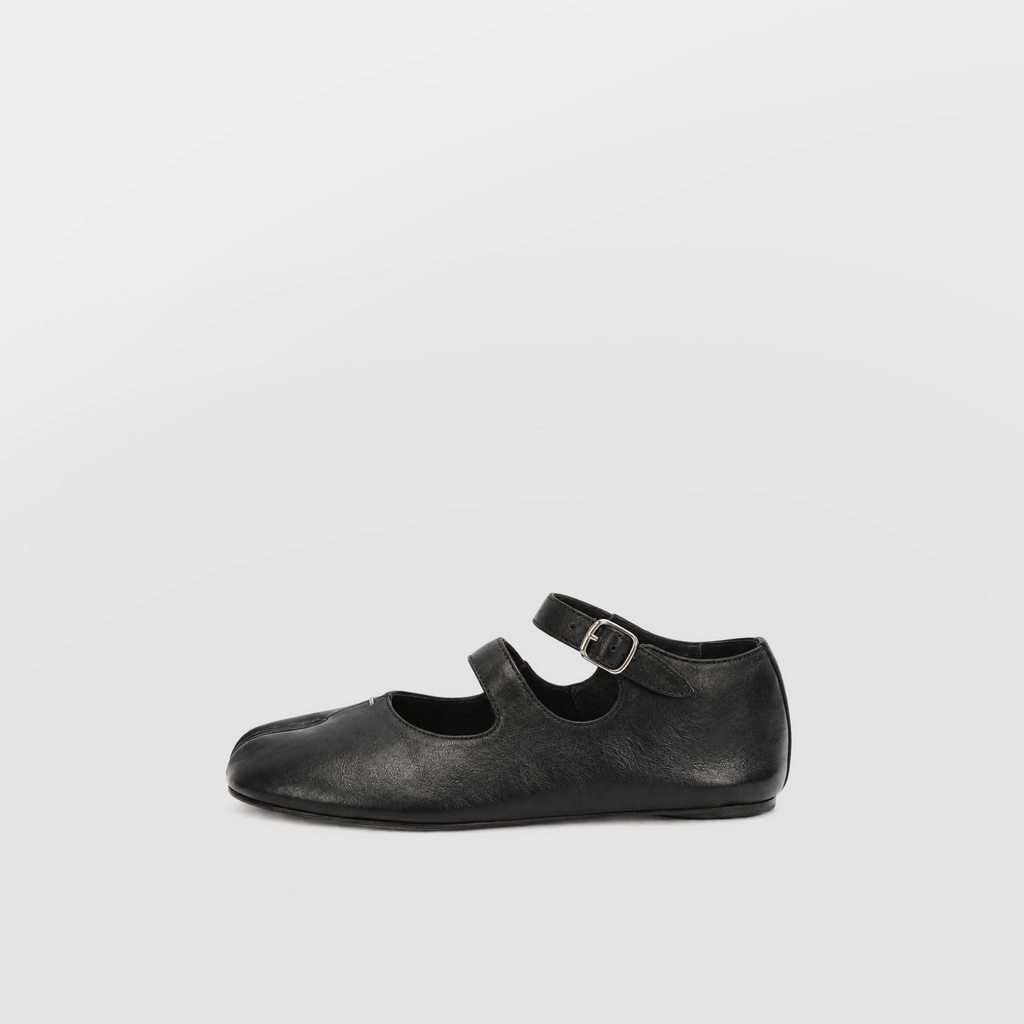 Double Strap Tabi Mary Jane by Lil Cacti — side profile of a single black tabi mary jane flat, two straps, silver buckle