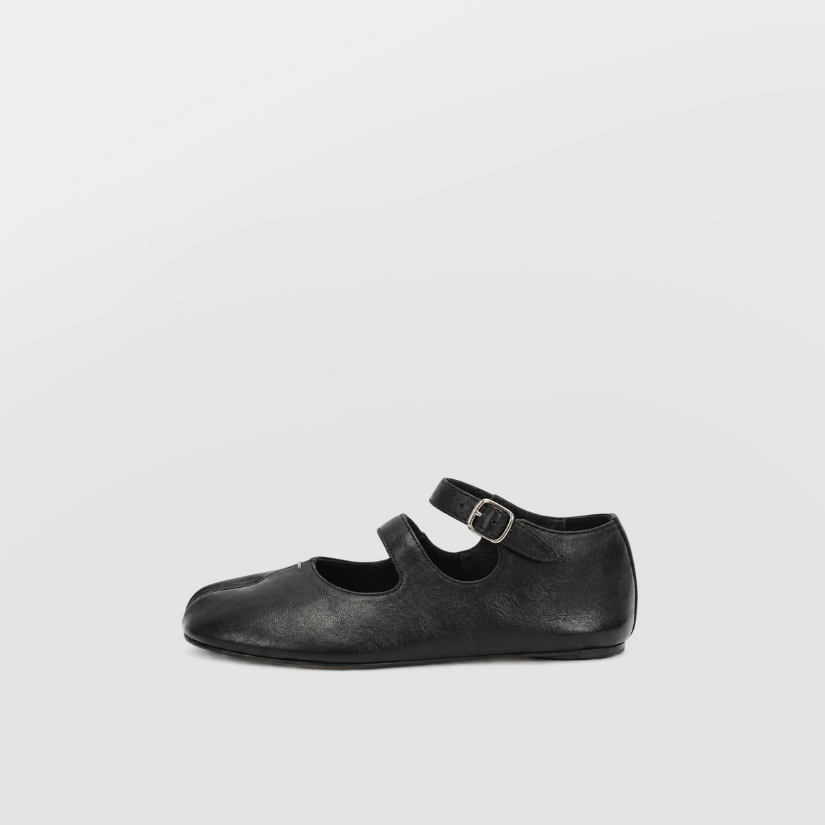 Double Strap Tabi Mary Jane by Lil Cacti — side profile of a single black tabi mary jane flat, two straps, silver buckle