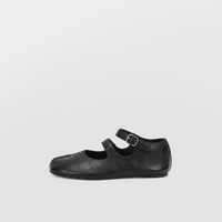 Double Strap Tabi Mary Jane by Lil Cacti — side profile of a single black tabi mary jane flat, two straps, silver buckle
