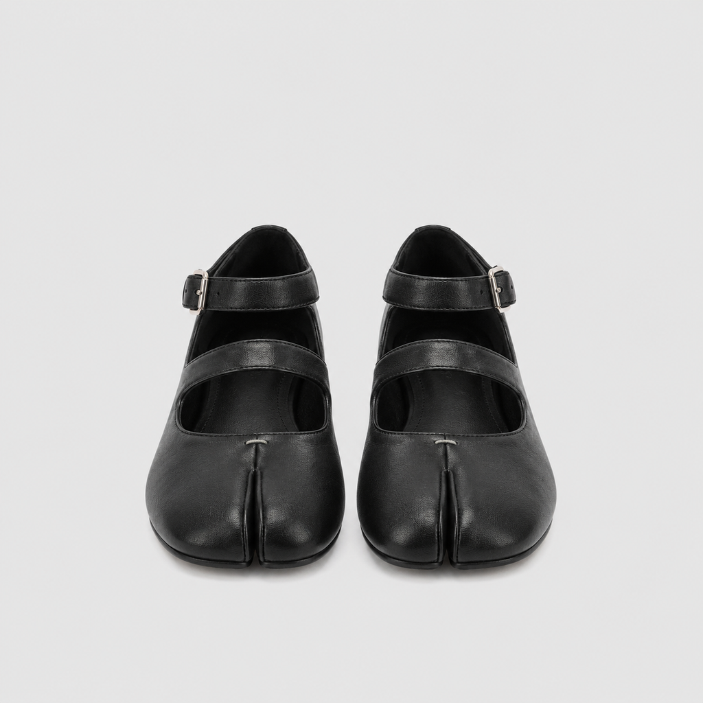 Double Strap Tabi Mary Jane by Lil Cacti — front view of the pair, rounded split toe and double instep straps