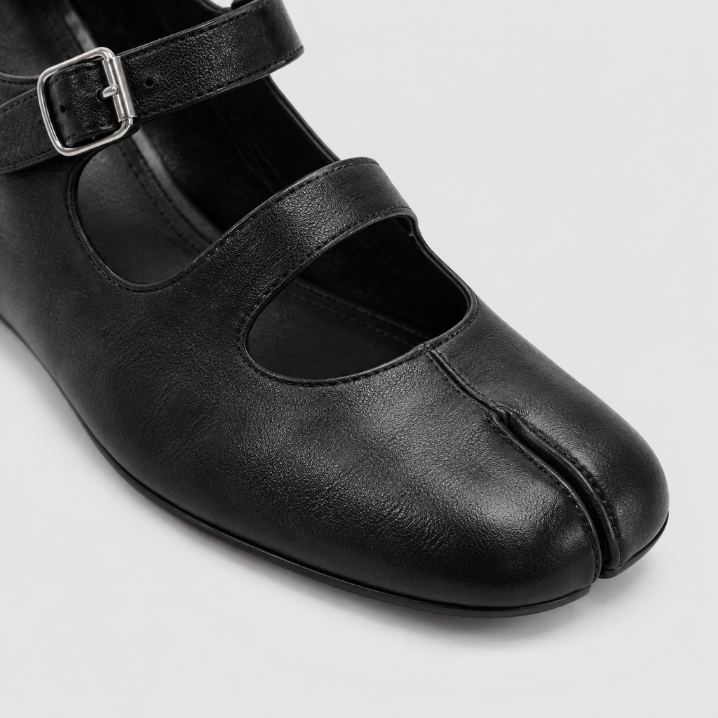Double Strap Tabi Mary Jane by Lil Cacti — close-up of split toe, double straps and silver pin buckle