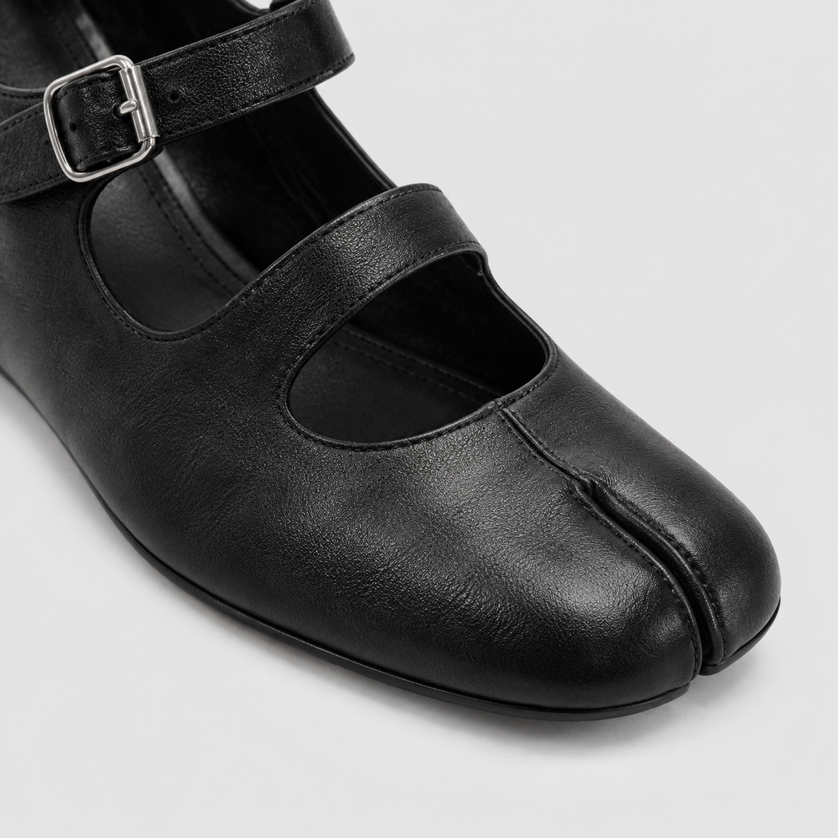 Double Strap Tabi Mary Jane by Lil Cacti — close-up of split toe, double straps and silver pin buckle