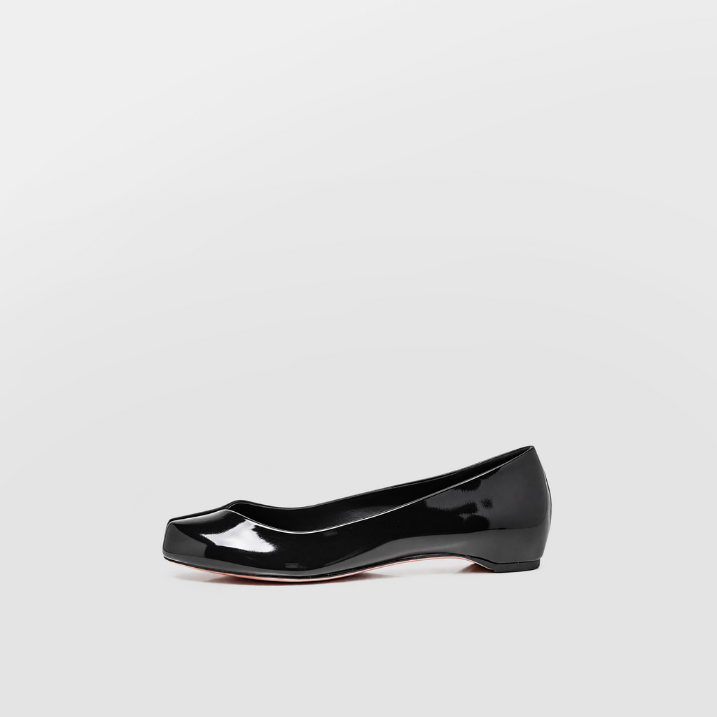 Echo Tabi Flats by Lil Cacti — black patent tabi flat, side profile showing the low hidden wedge sole