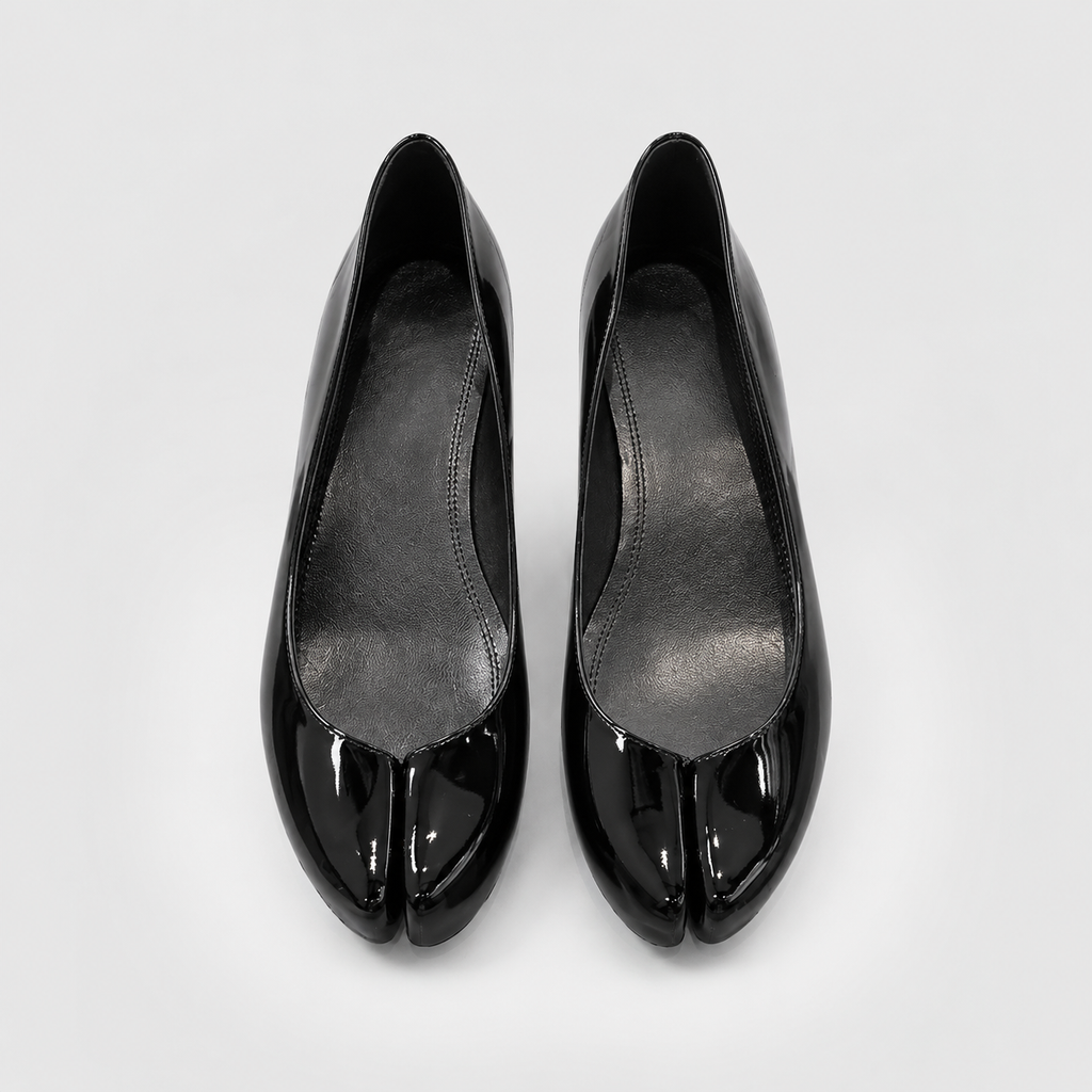 Echo Tabi Flats by Lil Cacti — top-down view of the black pair, rounded split toe and black insole