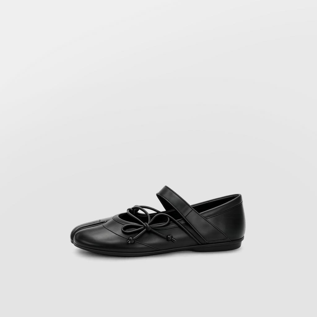 Angled view of Lil Cacti black leather lace-up tabi flats with a soft bow