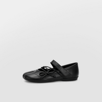 Angled view of Lil Cacti black leather lace-up tabi flats with a soft bow