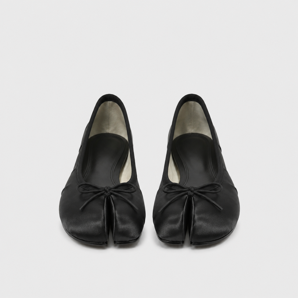 Evelyne Black Satin Tabi Ballet Flats by Lil Cacti — front view of the pair, split-toe tabi ballet flats with bows