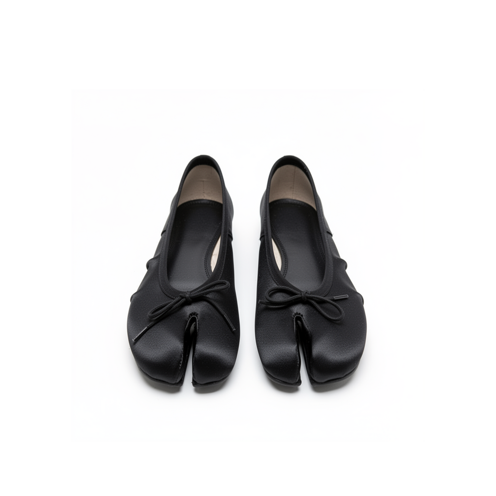 Evelyne black satin tabi flats three-quarter angle, balletcore dark romantic aesthetic