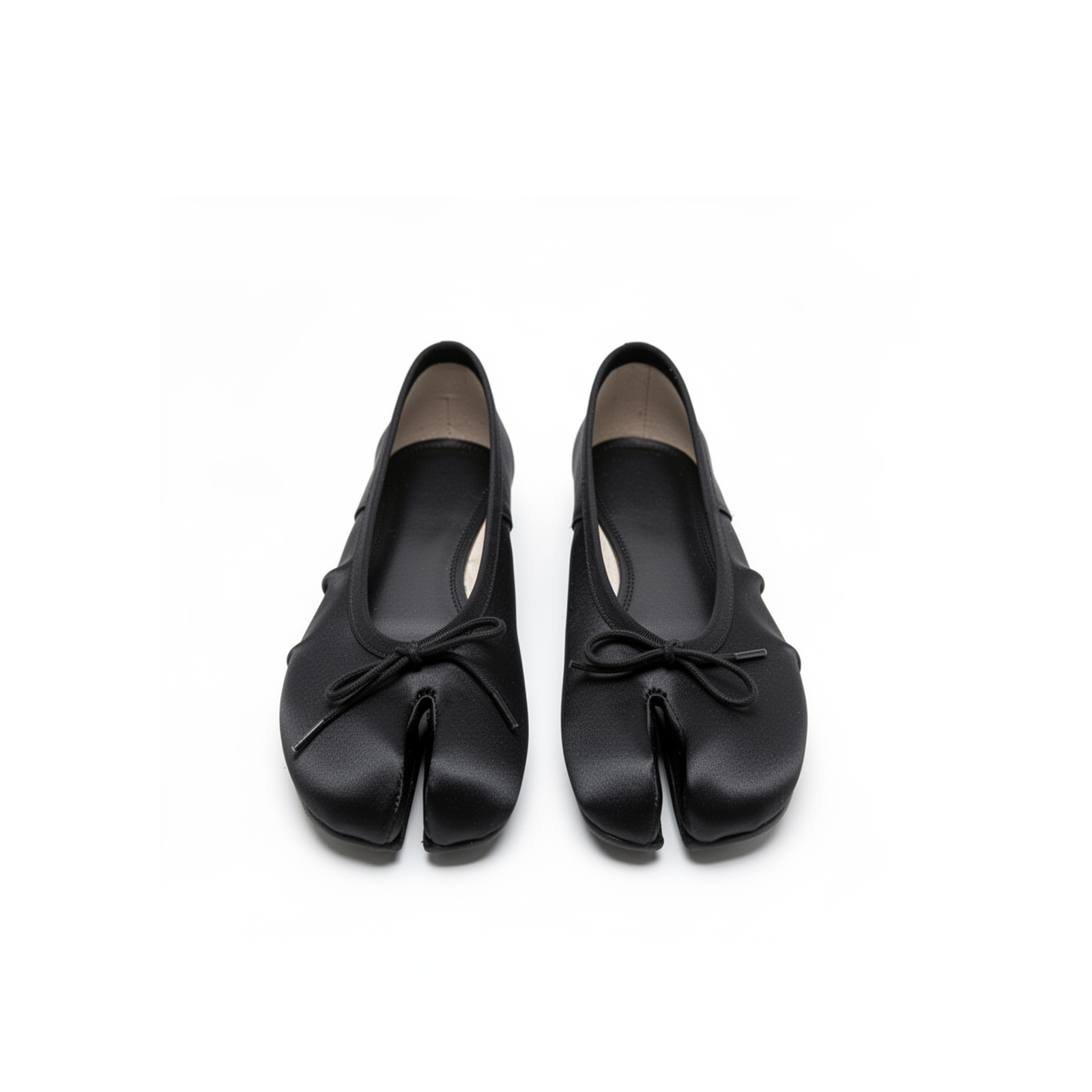 Evelyne black satin tabi flats three-quarter angle, balletcore dark romantic aesthetic