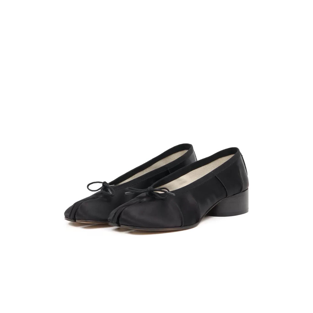 Evelyne black satin tabi heels back view showing heel height — Lil Cacti