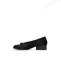 Evelyne black satin tabi heels pair view on white background — Lil Cacti footwear