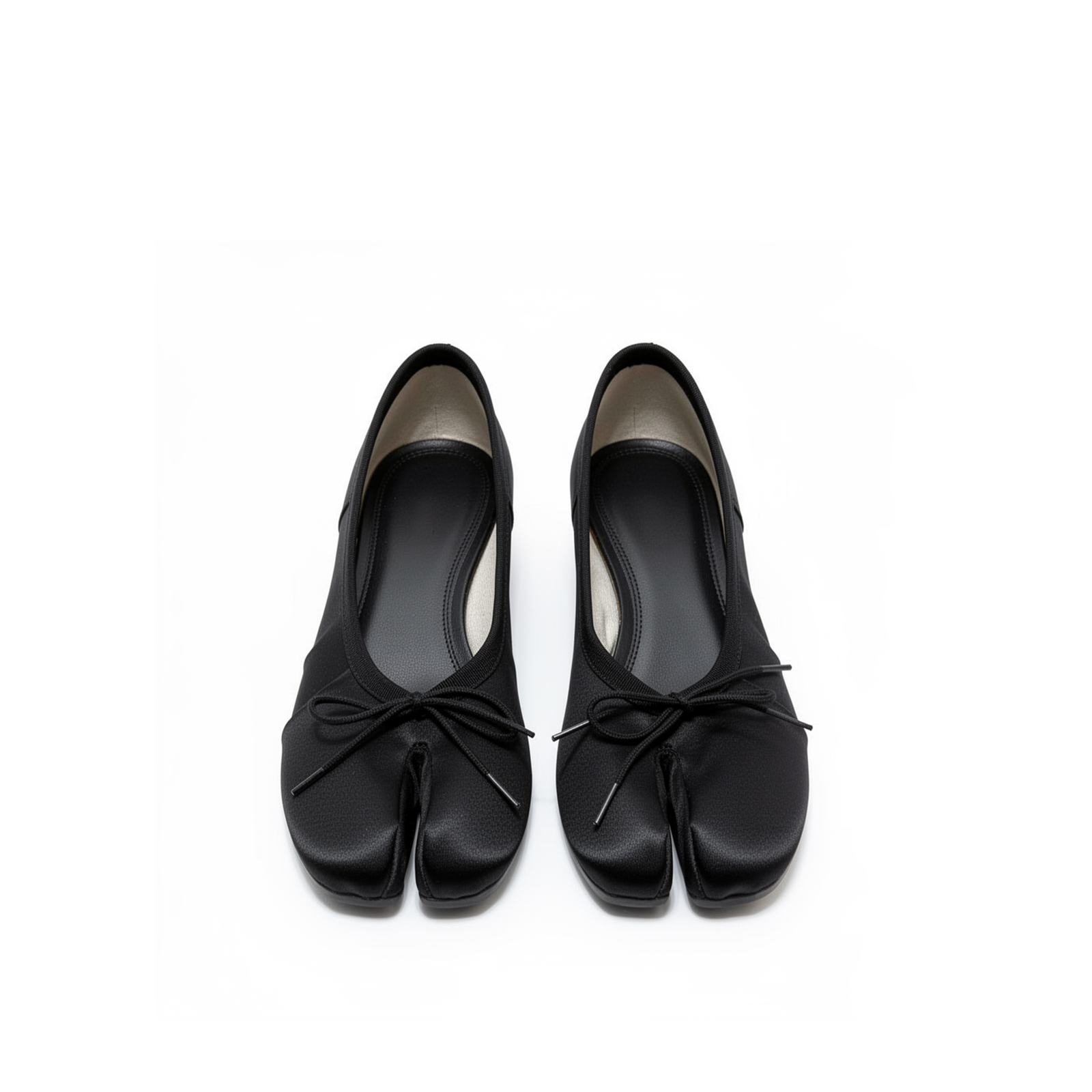 Side profile of Evelyne black satin tabi heels showing heel and satin finish