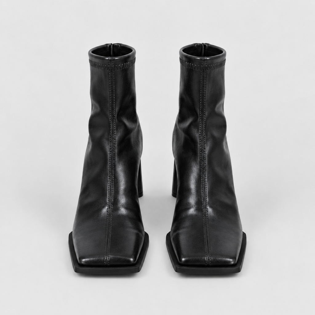 Front view of both black stretch ankle boots standing together