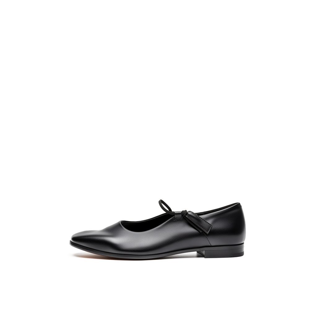 Fiora black leather mary jane ballet flats with crossover strap, front view — Lil Cacti footwear