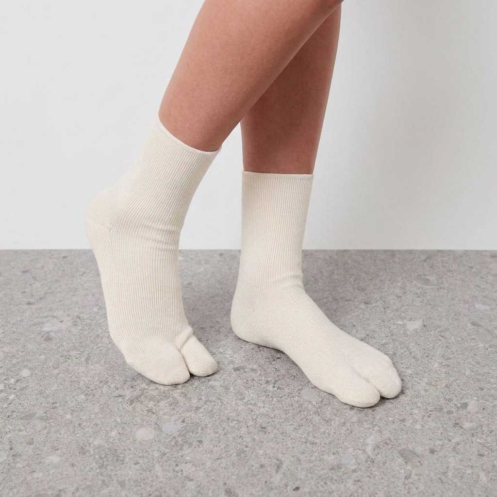 Mid Calf Tabi Socks by Lil Cacti — milky white pair on model, side profile with one foot up on tiptoe