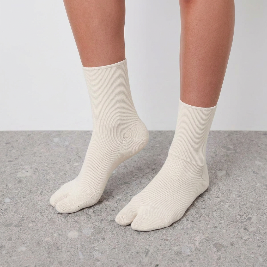 Mid Calf Tabi Socks by Lil Cacti — milky white pair on model, front view standing on a grey stone floor