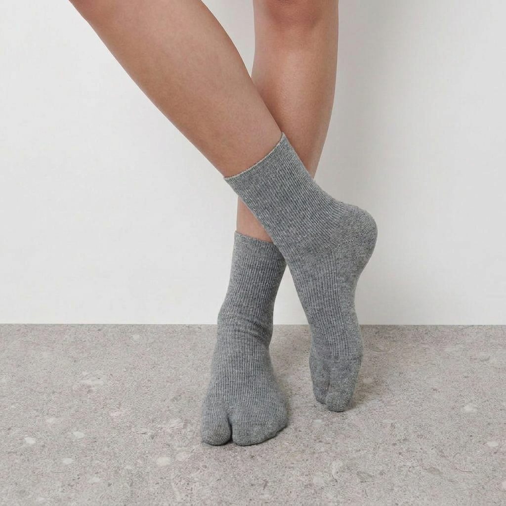 Mid Calf Tabi Socks by Lil Cacti — heather gray pair on model, ankles crossed, back foot raised on tiptoe