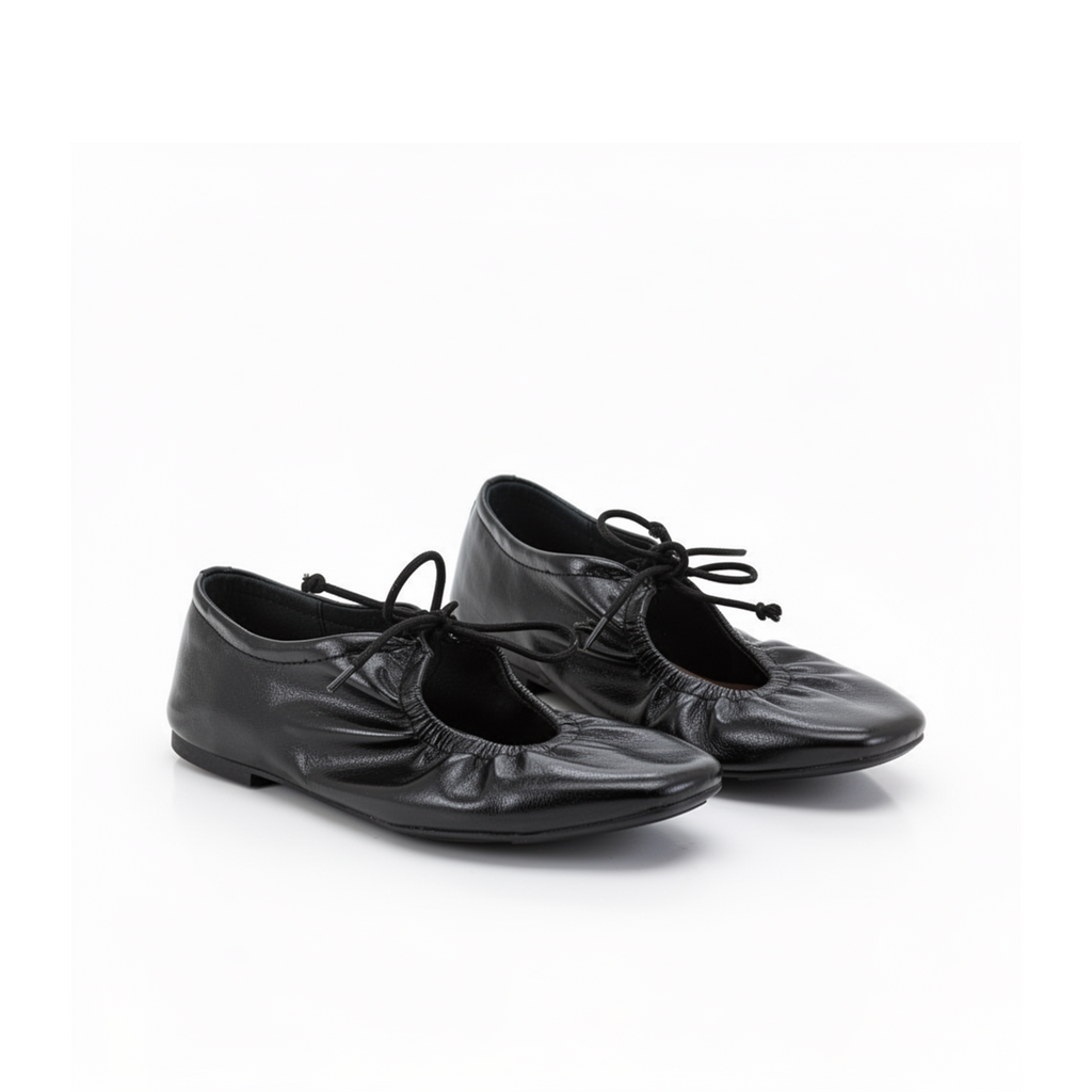 Iselle — Black Lace-Up Mary Jane Ballet Flats back view showing clean heel and leather finish