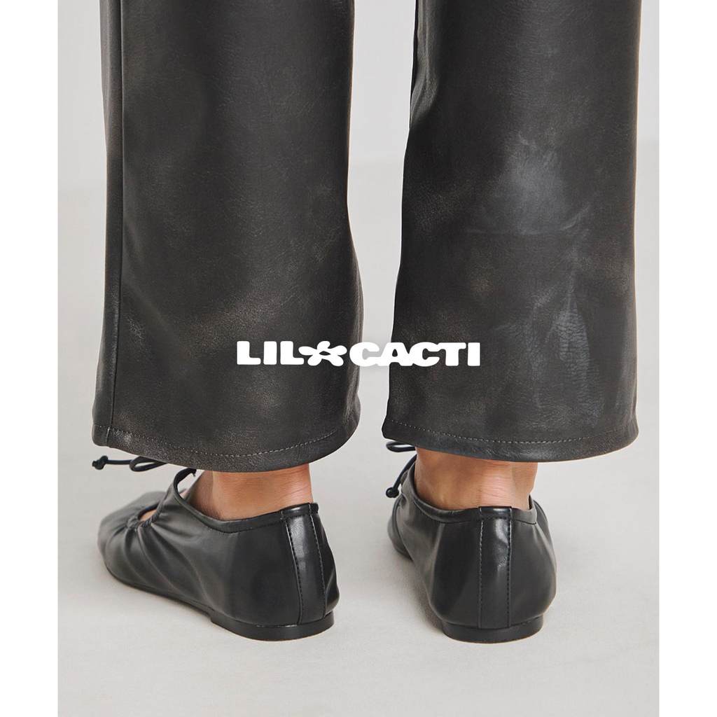 Iselle lace-up ballet flats top view showing round toe and leather texture — Lil Cacti footwear