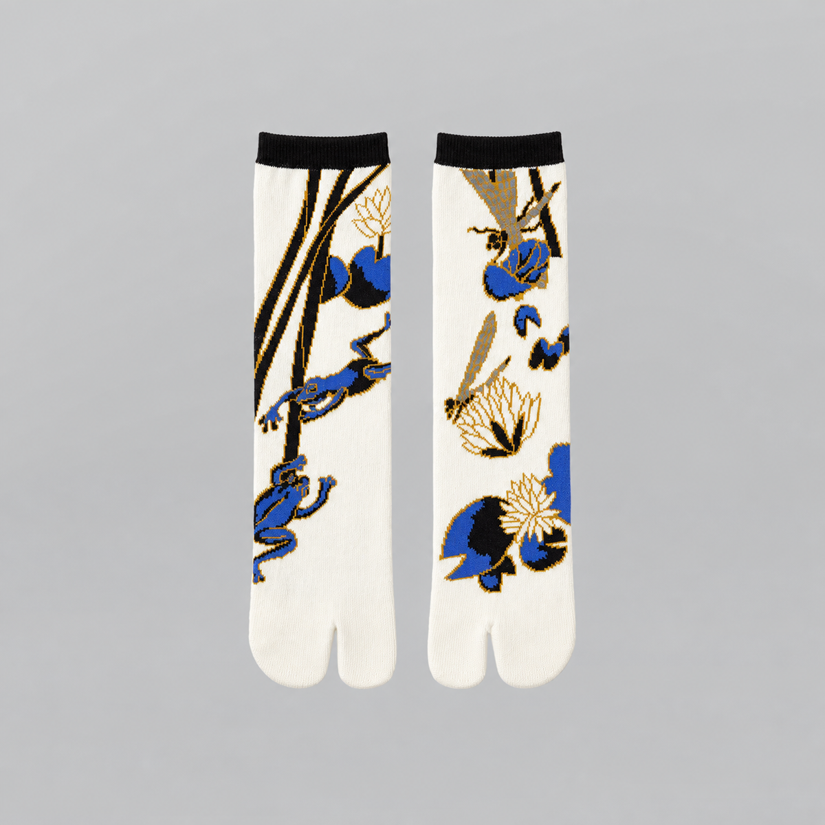 Lil Cacti white lotus print tabi socks laid flat showing the split toe
