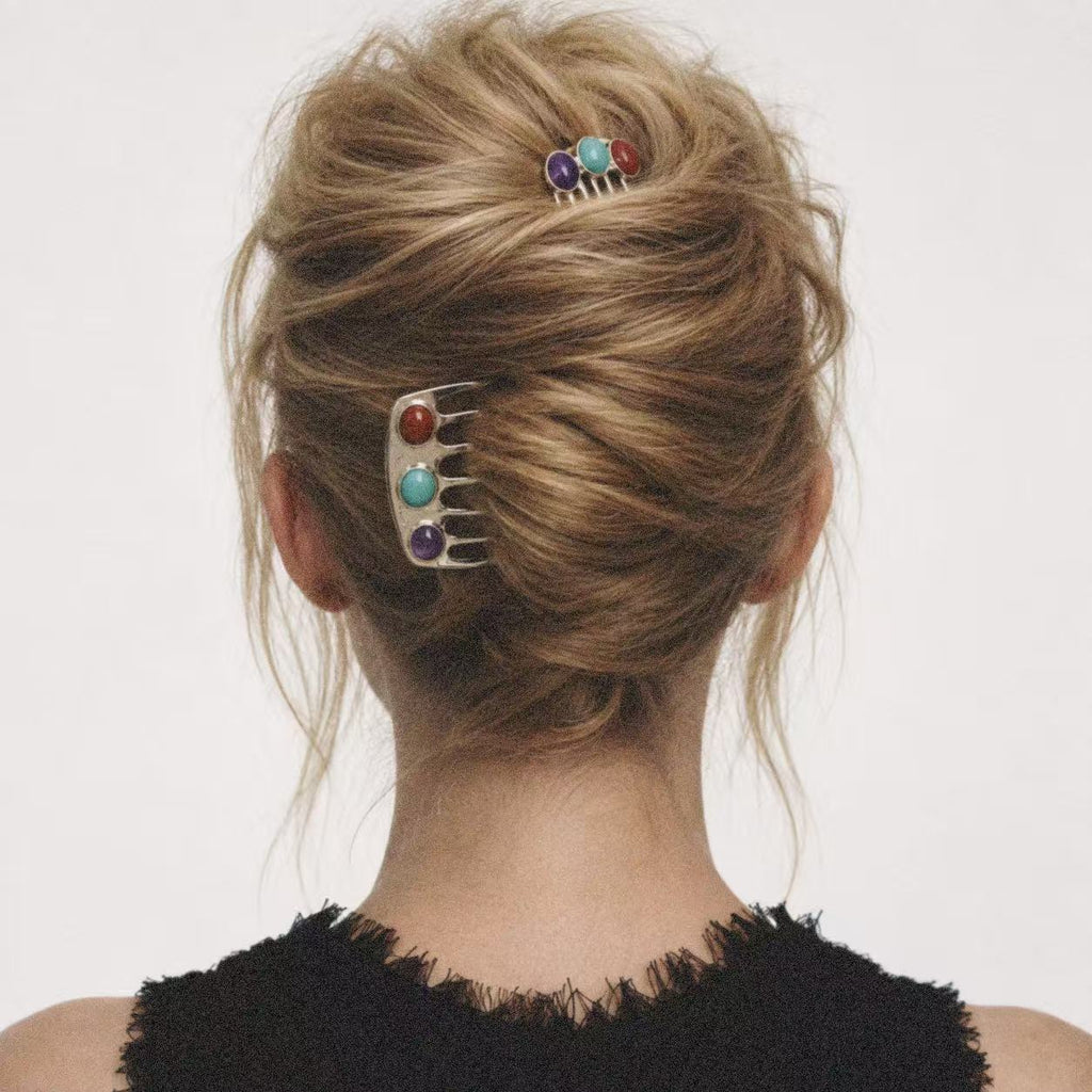 Model wearing the Jewelled Hair Comb seen from the front