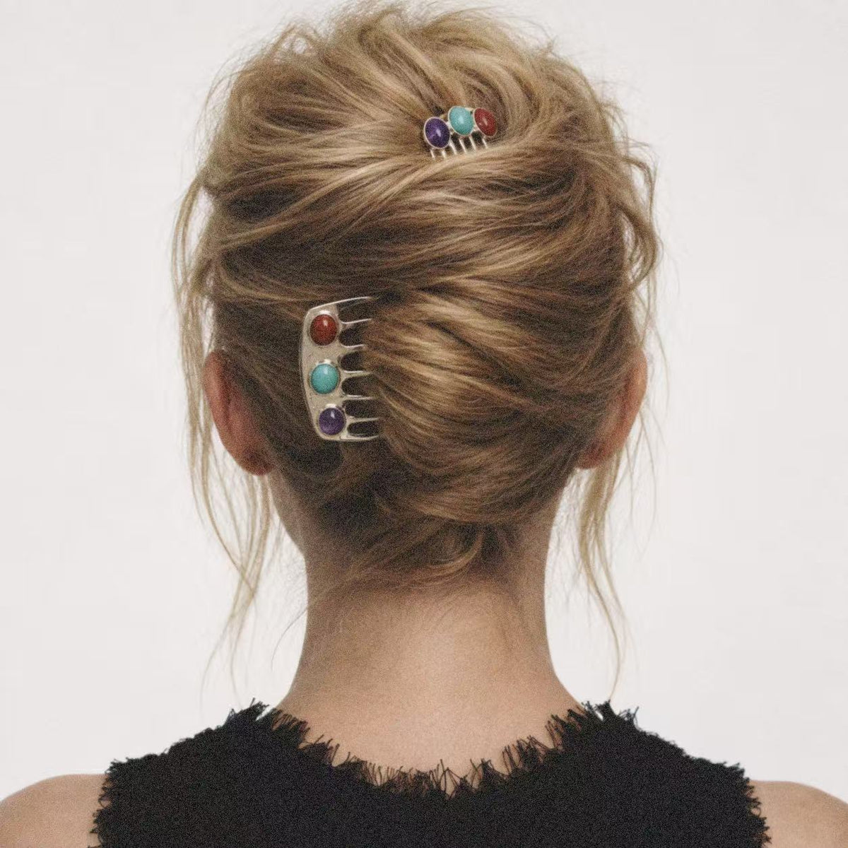 Model wearing the Jewelled Hair Comb seen from the front
