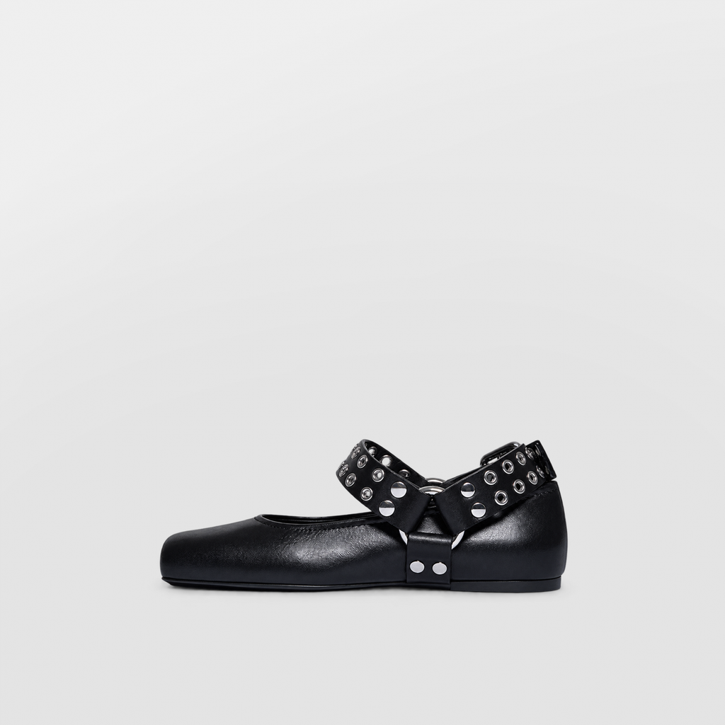 Black square toe mary jane flat with eyelet straps shown in profile