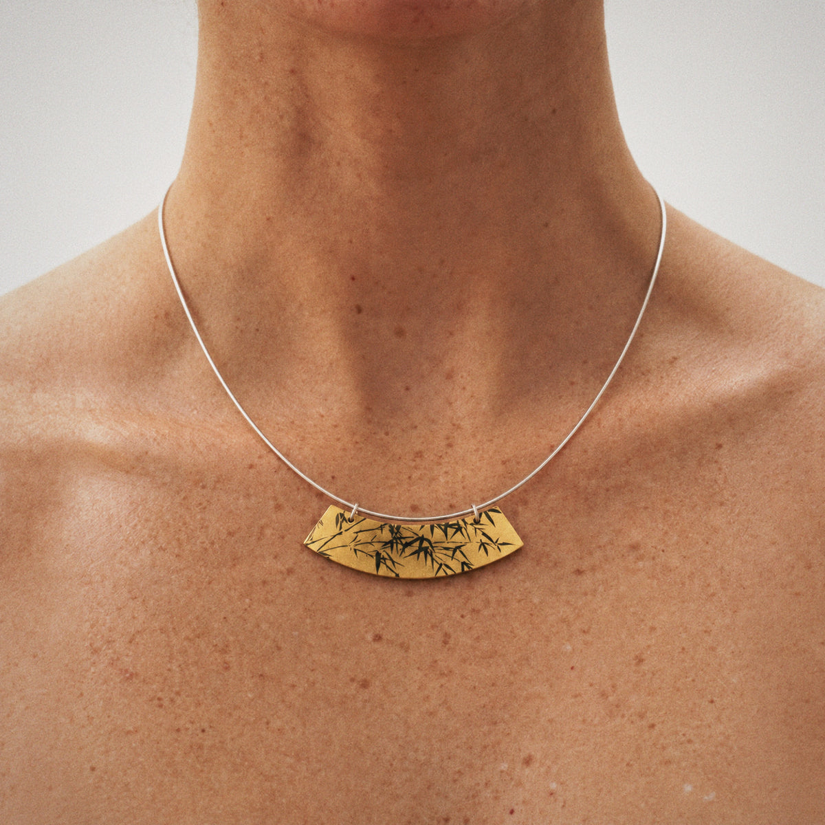 Lacquer Bamboo Collar Necklace worn at the collarbone, collar necklace