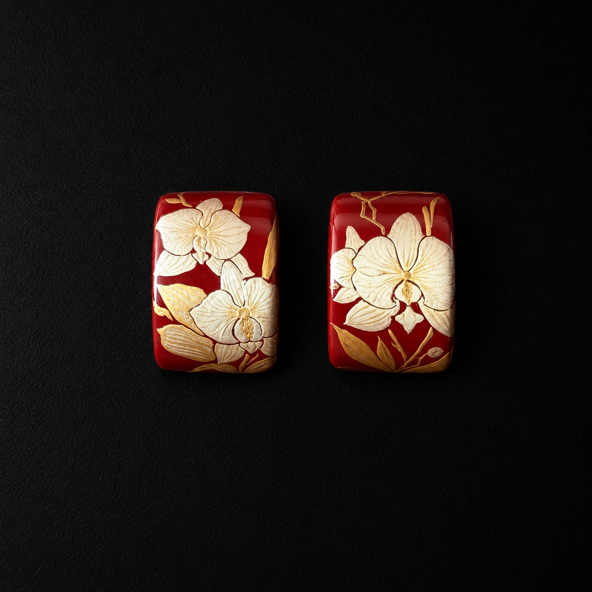 Maki-e Red Orchid Stud Earrings by Lil Cacti, red stud earrings