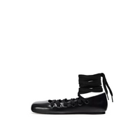 Lace up flats in black leather with bow tie closure, Lil Cacti footwear