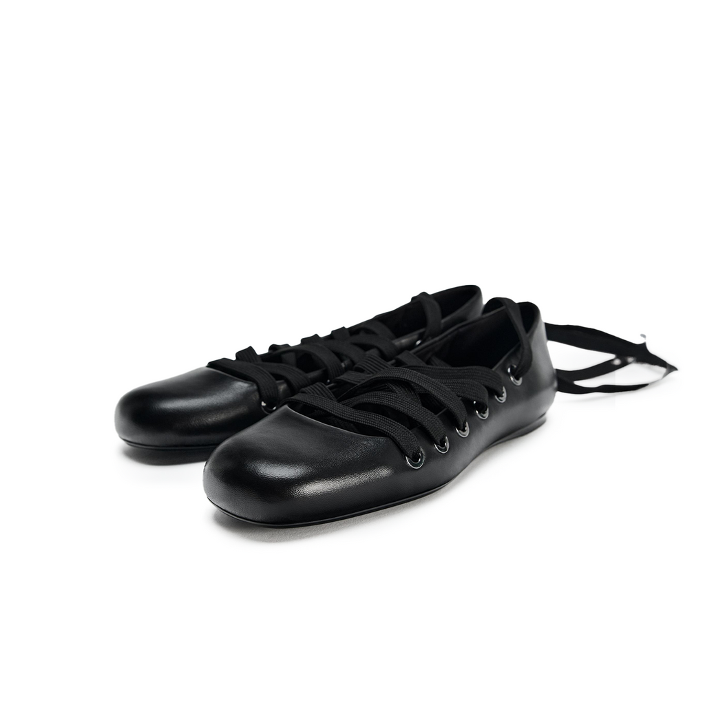 Black leather ballet flats with ankle wrap tie, balletcore aesthetic