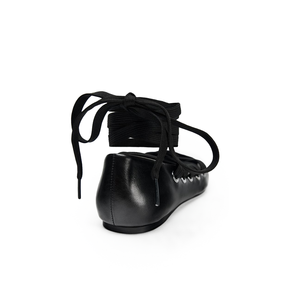 Dark romantic black lace-up ballet flats with ribbon-style ankle tie