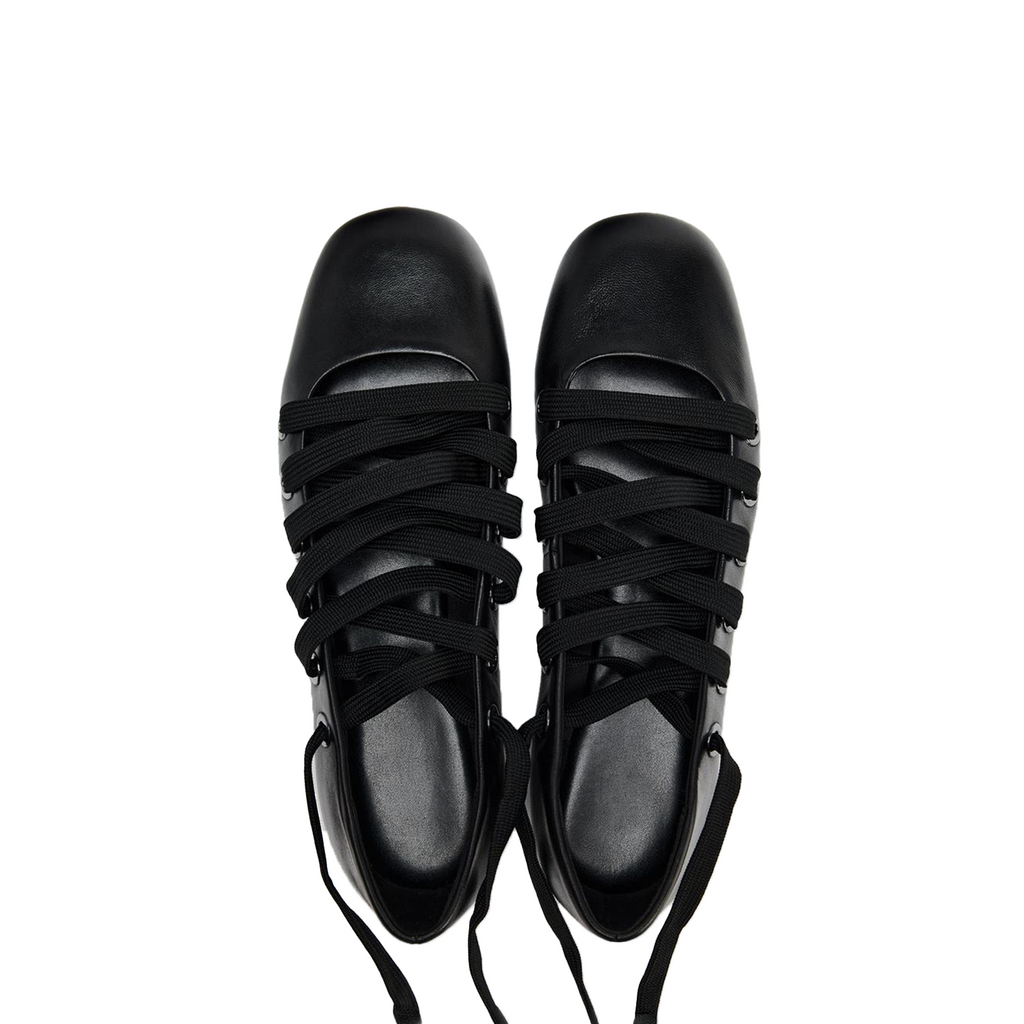 Mara ballet flats — black leather strap wrap from foot to ankle, pair view