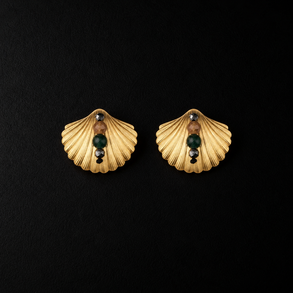 Lil Cacti seashell stud earrings showing shape and finish on dark background
