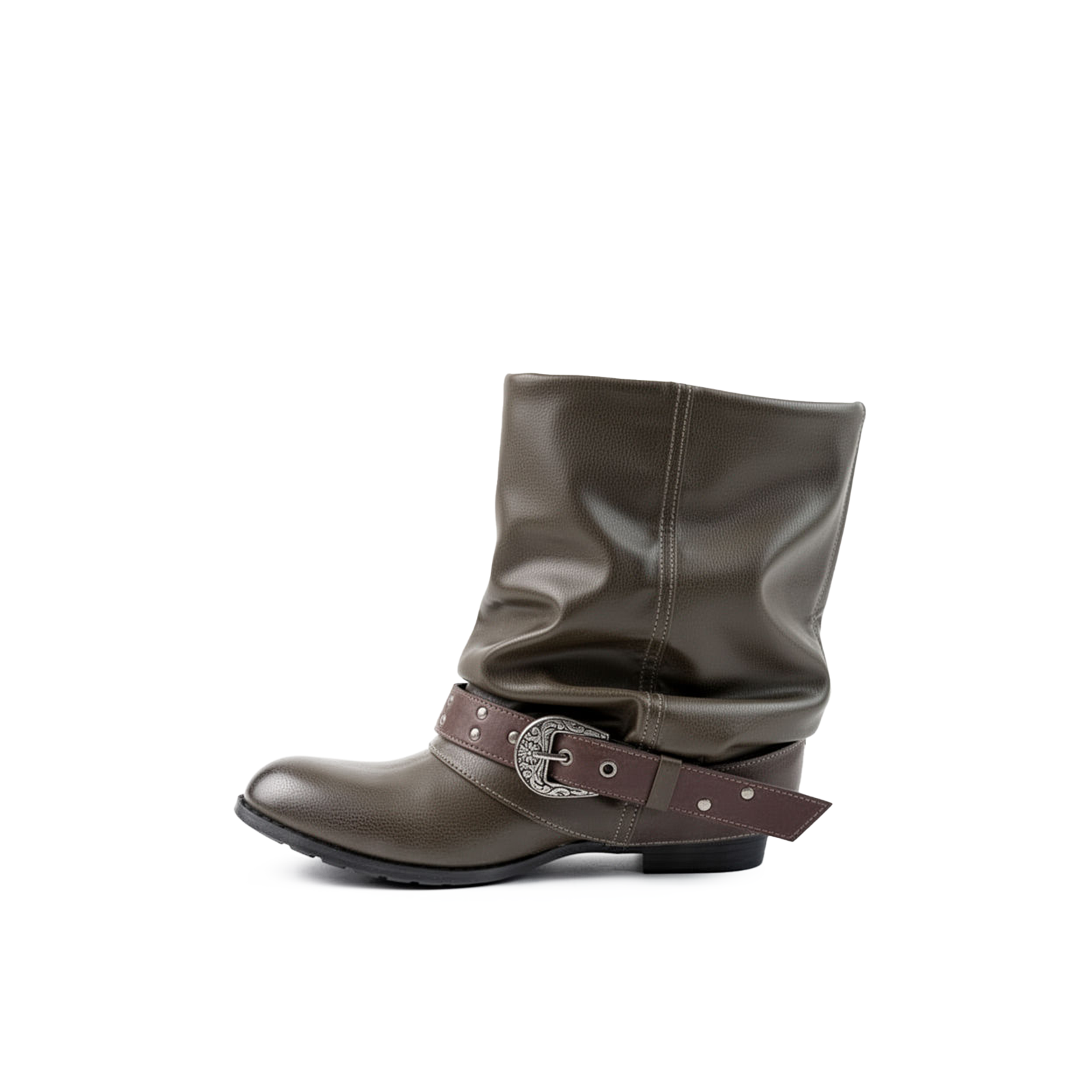 Brown leather boot with a belt and buckle on a white background